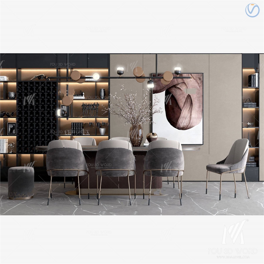 3d model of modern light luxury dining table and chairs
